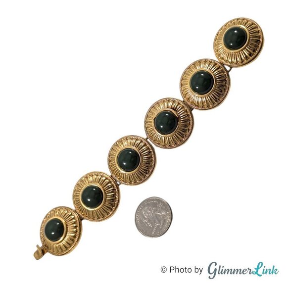 Trina Turk Green Cabochon Round Medallion Gold Tone Link Bracelet - Picture 6 of 10
